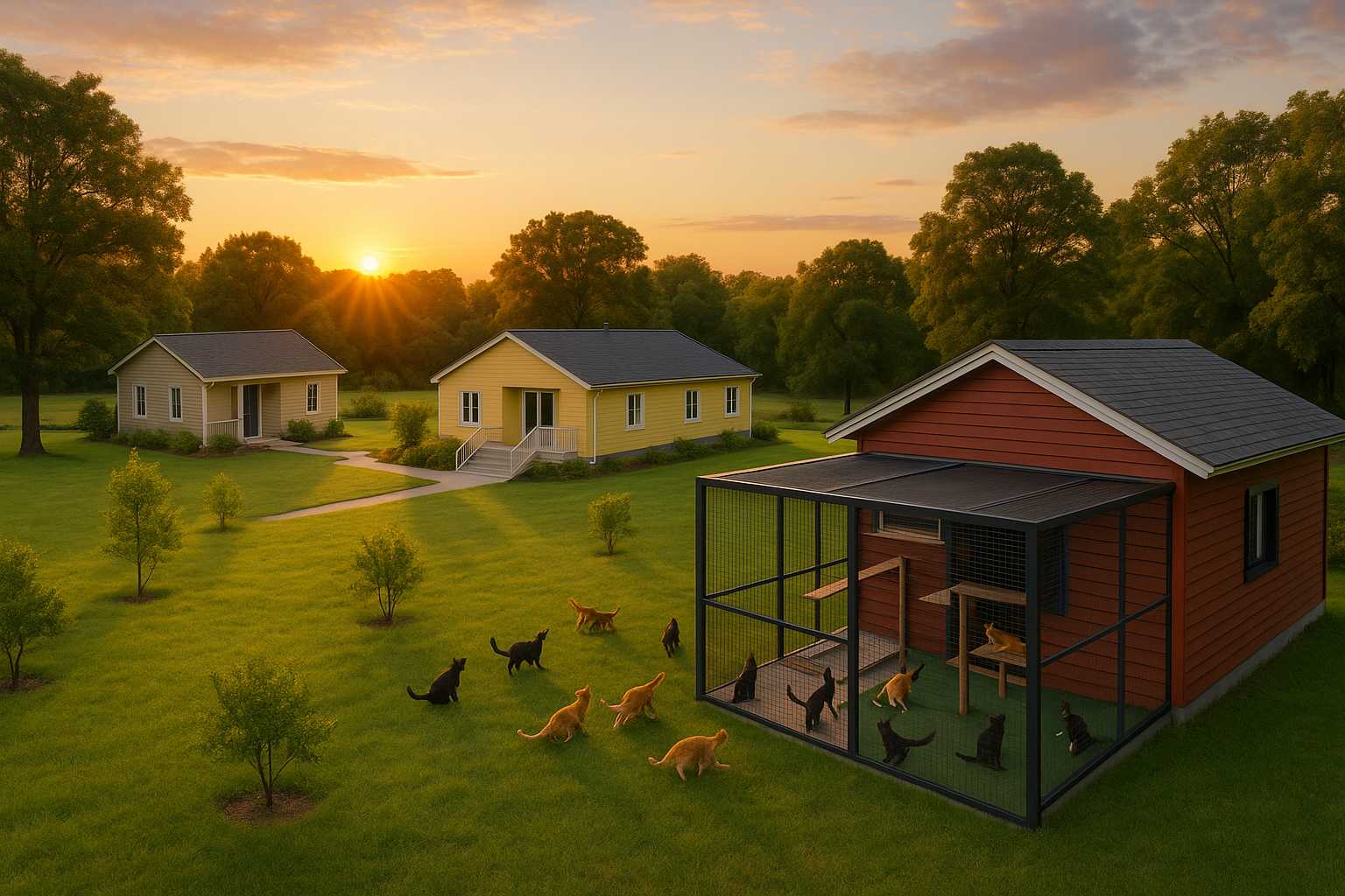 Aerial view of a sustainable cat sanctuary and two accessible guest houses in a green rural setting during sunset
