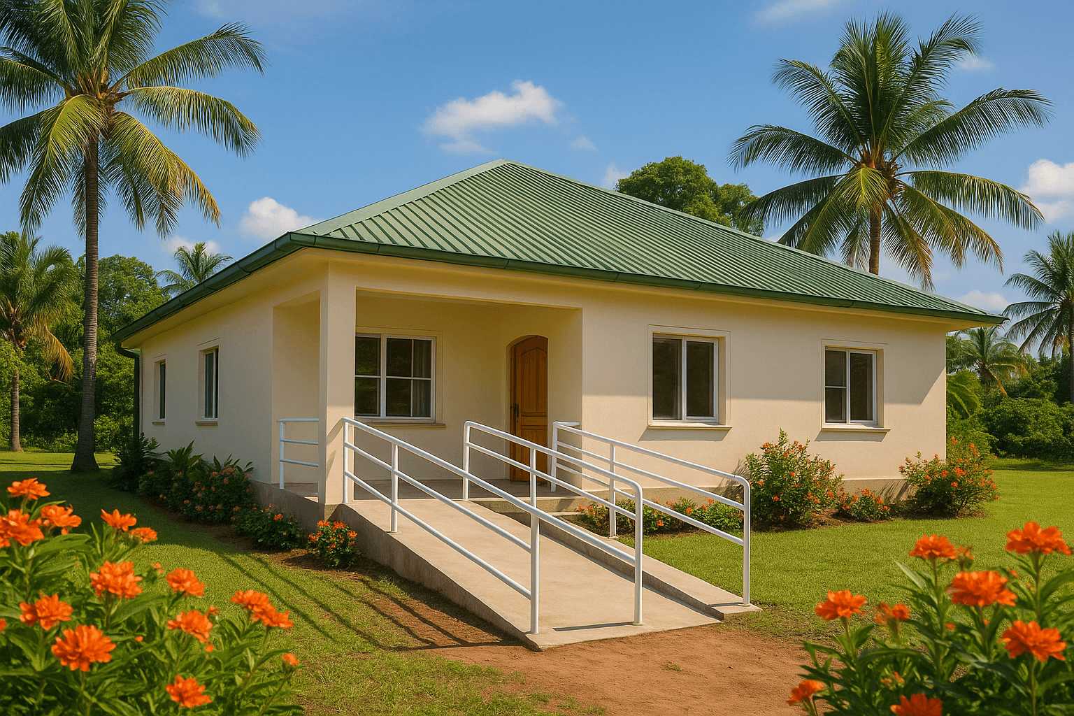 Single-story tropical accessible home with wheelchair ramp, green metal roof, surrounded by palm trees and flowers