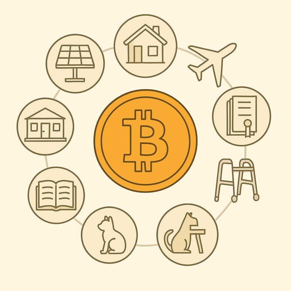 Infographic showing how 21 Bitcoins are allocated to different parts of a humanitarian project, including housing, therapy, animal care, and sustainability.