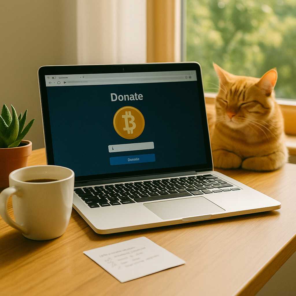 Overhead view of a cozy wooden desk with a laptop displaying a Bitcoin donation interface, surrounded by notes, a coffee mug, and a houseplant.