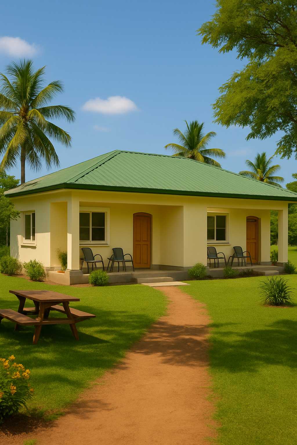 Single-story community center in tropical Paraguay with two separate guest apartment entrances, front porch seating, and a wooden picnic table on a landscaped lawn