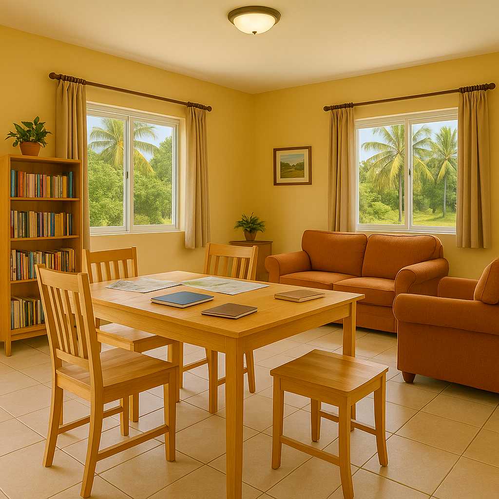 Bright and spacious community center interior with wooden furniture, bookshelf, discussion table, and view of tropical greenery through open windows