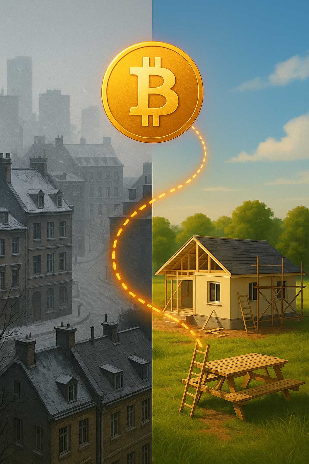 Split image showing a cold European city and a warm tropical construction site, connected by a glowing Bitcoin.