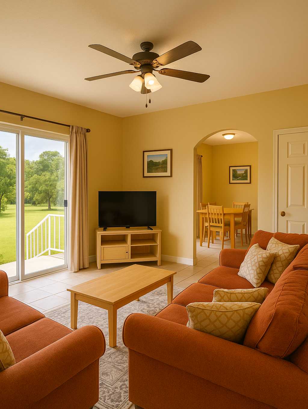 Cozy guest apartment interior with terracotta sofas, ceiling fan, TV, and garden view in an accessible home