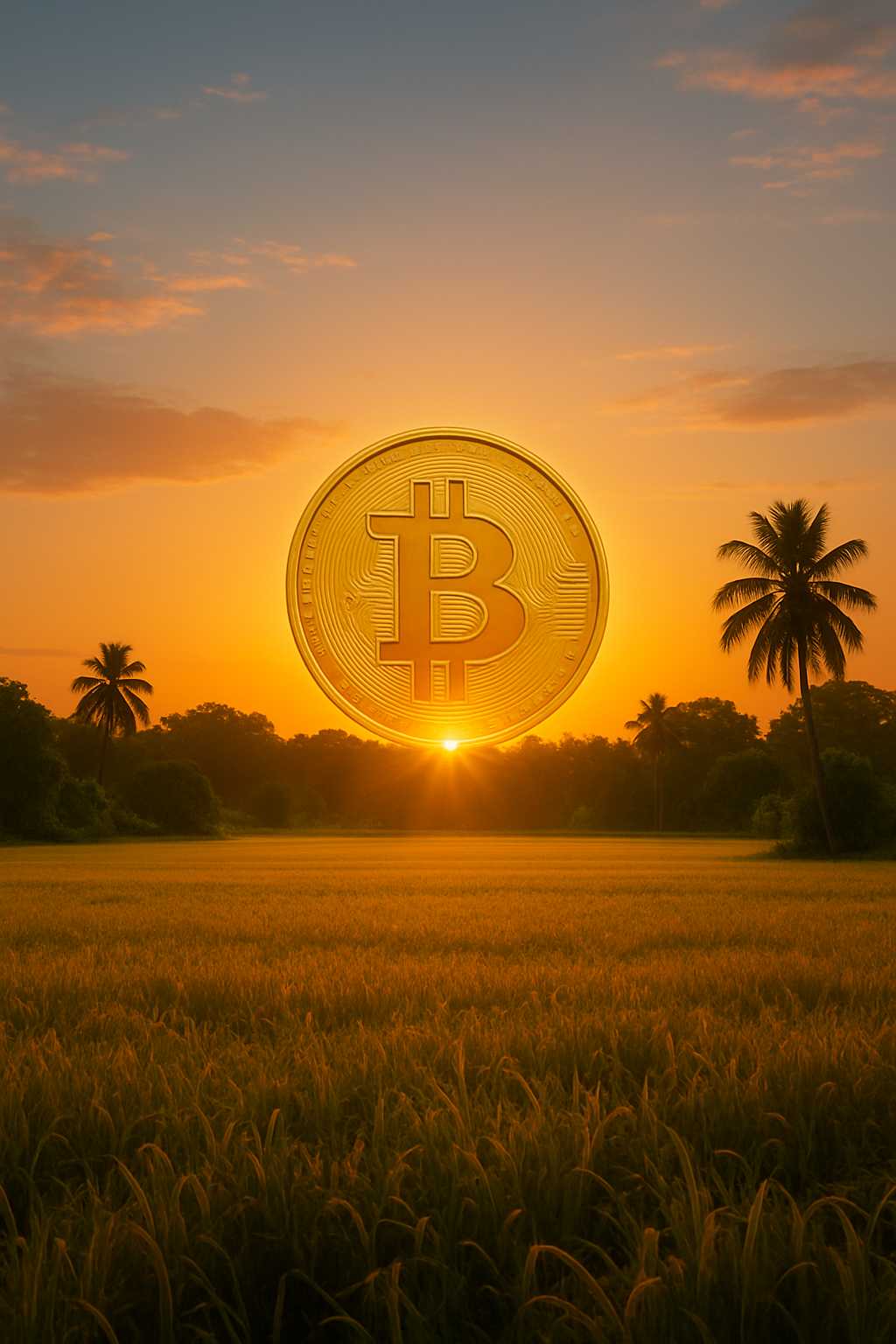Golden Bitcoin rising over tropical landscape at sunrise, symbolizing hope and new beginnings